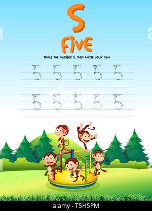 Number five tracing worksheets illustration Stock Vector
