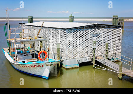 Papa’s Boat, a commercial fishing vessel, is docked, April 14, 2019, in Dauphin Island, Alabama. Stock Photo