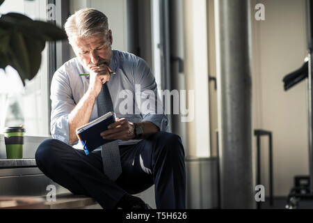Mature businessman sitting at the window with notebook Stock Photo