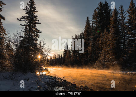 Fantastic foggy river in winter scene in the sunlight. Sun beams through tree. Dramatic colorful scenery. Spring Creek, Canmore, Canada Stock Photo