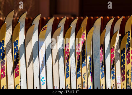 Fence fabricated from old alpine skis; Salida; Colorado; USA Stock Photo
