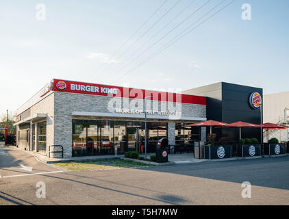 Strasbourg, France - Apr 19, 2019: Burger King Restaurant cafe new business implantation in the French city with iconic inscription Home of the Whopper on the facade   Stock Photo