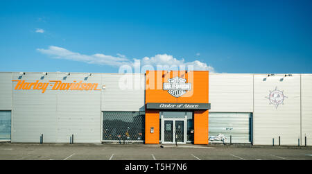 Strasbourg, France - Apr 19, 2019: Facade of iconic store dealership of Harley-Davidson motorcycles - center of alsace closed offices during weekends Stock Photo