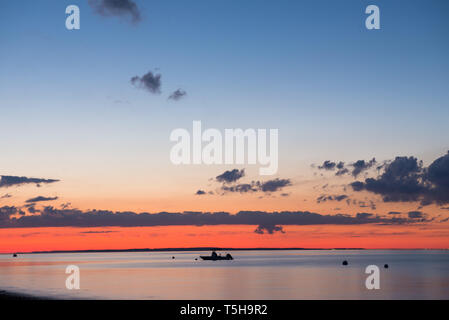 Boats Anchored in a Harbor During Sunset, Cape Cod Stock Photo