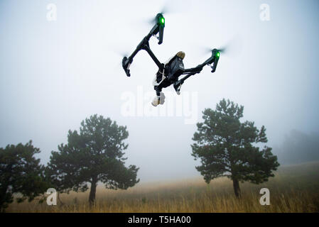 DJI Drone Flying Above Field Stock Photo