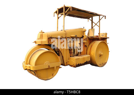 old roller compactor machine with yellow color   isolated on white background. High resolution image gallery. Stock Photo
