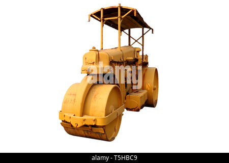 old roller compactor machine with yellow color   isolated on white background. High resolution image gallery. Stock Photo