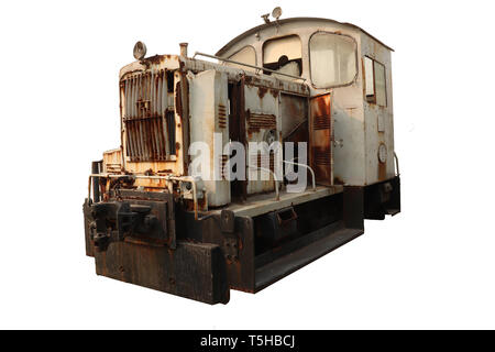 Old rusty out of order train of mining , Abandonned train mining transportation isolated on white background. High resolution image gallery. Stock Photo
