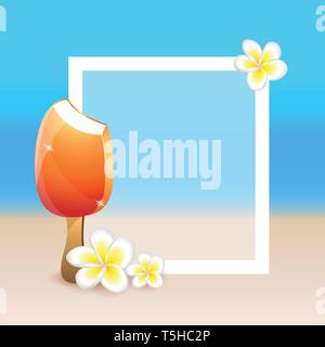 frangipani exotic flowers plumeria beach background in summer with ice cream vector illustration EPS10 Stock Vector