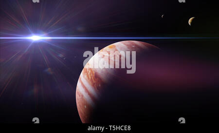 planet Jupiter with moons in front of the Sun Stock Photo