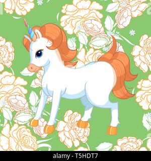 Seamless background with pink roses and cute baby unicorn. Ornamental pattern with beautiful garden floral motif. Great for fabric and textile, wallpa Stock Vector