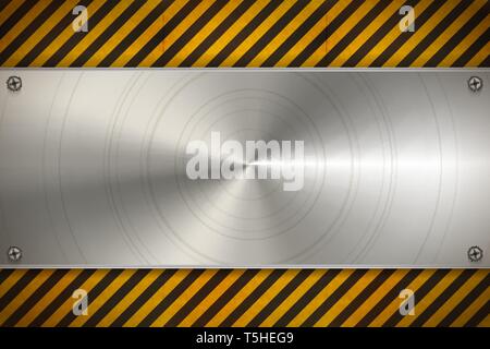 Industrial background with polished metal blank plate on worn warning pattern with red and white stripes Stock Vector