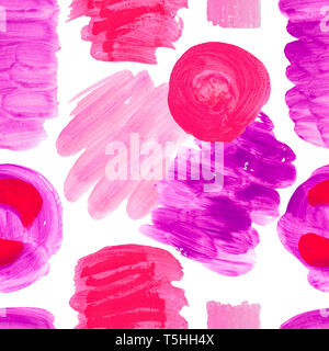 Seamless pattern of bright color spots textures on white isolated background Strokes lines strokes geometric elements pink purple hand painted Stock Photo