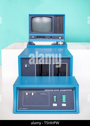 TERRASSA, SPAIN-MARCH 19, 2019: Intel's Universal PROM Programmer in the National Museum of Science and Technology of Catalonia Stock Photo