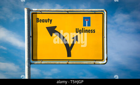Street Sign Beauty versus Ugliness Stock Photo