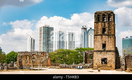 Panama Viejo Ruins amid modern city skyline, and interior of Museo de la Plaza Mayor Stock Photo