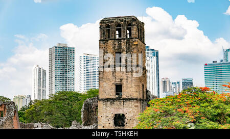 Panama Viejo Ruins amid modern city skyline, and interior of Museo de la Plaza Mayor Stock Photo