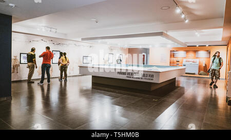 Panama Viejo Ruins amid modern city skyline, and interior of Museo de la Plaza Mayor Stock Photo