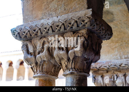 Close up of a capital of romanesque architecture in the cloister of Santo Domingo de Silos Abbey Stock Photo