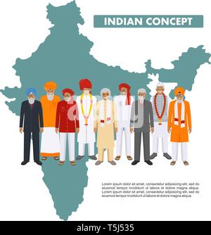 Family and social concept. Group indian adult and senior people standing together in different traditional national clothes on background with map of Stock Vector