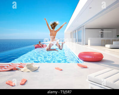 3D-Illustration. woman jumping in the pool. summer fun Stock Photo