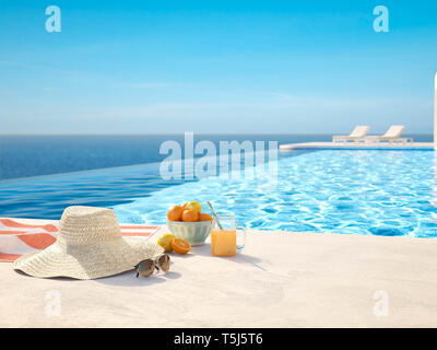 3D-Illustration. modern luxury infinity pool with summer accessoires Stock Photo