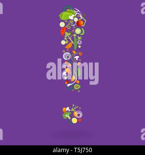 Exclamation mark with vegetables pattern for web and print decoration, vector illustration on purple background Stock Vector