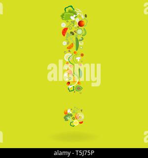 Exclamation mark with vegetables pattern for web and print decoration, vector illustration on green background Stock Vector