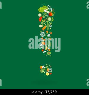 Exclamation mark with vegetables pattern for web and print decoration, vector illustration on green background Stock Vector