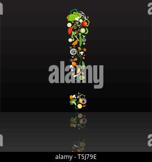 Exclamation mark with vegetables pattern for web and print decoration, vector illustration on black mirrored background Stock Vector