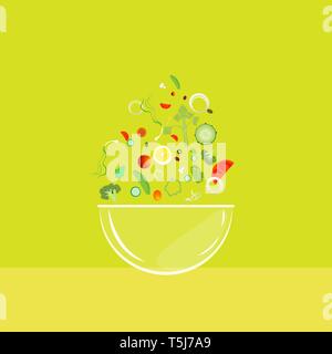 Bowl of salad with falling vegetables, cartoon vector  illustration for web and print Stock Vector