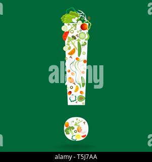 Exclamation mark with vegetables pattern for web and print decoration, vector illustration on green background Stock Vector