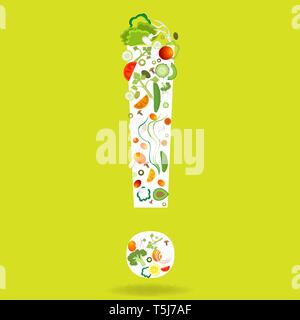 Exclamation mark with vegetables pattern for web and print decoration, vector illustration on green background Stock Vector