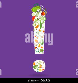 Exclamation mark with vegetables pattern for web and print decoration, vector illustration on purple background Stock Vector