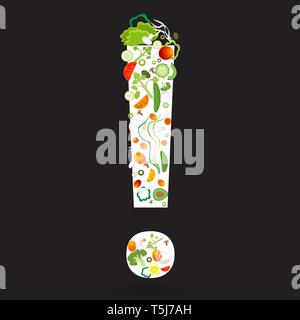 Exclamation mark with vegetables pattern for web and print decoration, vector illustration on black background Stock Vector