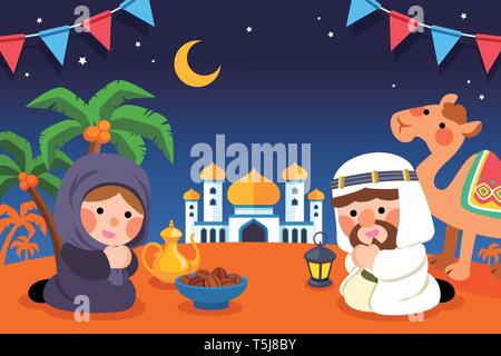 Cute muslims praying together in flat design Stock Vector