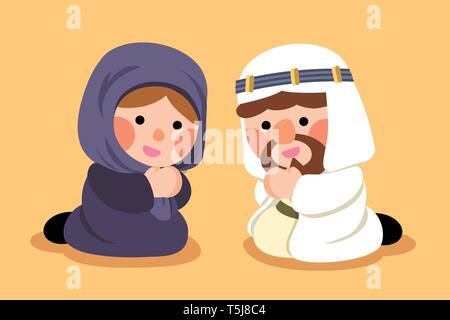 Cute muslims praying together in their traditional thawb, flat style Stock Vector