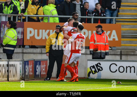 6th April 2019, New York Stadium, Rotherham, England; Sky Bet Championship Rotherham United vs Nottingham Forest ; Rotherham players celebrate with Michael Smith (24) of Rotherham United as he makes it 1-0  Credit: John Hobson/News Images  English Football League images are subject to DataCo Licence Stock Photo