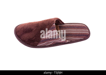 Brown soft home slippers isolated on white - Top view of home slippers - Soft slippers clipped on white Stock Photo