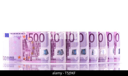 Euro money 500 bills background isolated - Euro cash background banknotes reflecting - 500 Euro Money backdrop isolated on white background Stock Photo