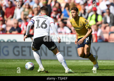19th April 2019, Bramall Lane, Sheffield, England; Sky Bet Championship, Sheffield United vs Nottingham Forest ; Matthew Cash (14) of Nottingham Forest looking to cross the ball   Credit: Jon Hobley/News Images  English Football League images are subject to DataCo Licence Stock Photo