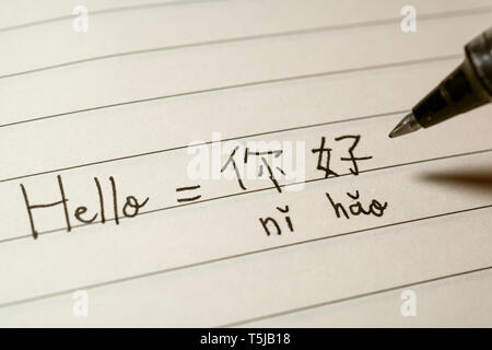 Beginner Chinese language learner writing Hello word Nihao in Chinese characters and pinyin on a notebook macro shot Stock Photo