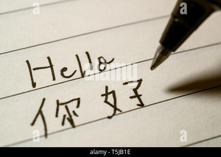 Beginner Chinese language learner writing Hello word in Chinese characters on a notebook macro shot Stock Photo