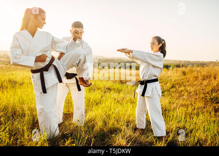 Master teaches female karate fighters the correct stand when kicking. Martial art workout outdoor, technique practice Stock Photo
