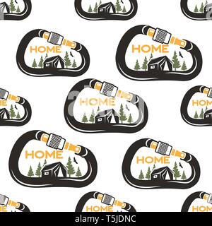 Camping pattern design with carabiner, tent, eagle and forest. Nature my Home concept seamless background. Unusual cartoon distressed style. Good for Stock Vector