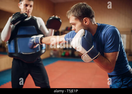 Male kickboxer in gloves practicing hand punch with a personal trainer in pads, workout in gym. Boxer on training, kickboxing practice Stock Photo