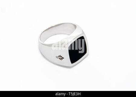 Diamond ring for men. White golden male ring on white background. Fashion luxury accessories. Stock Photo