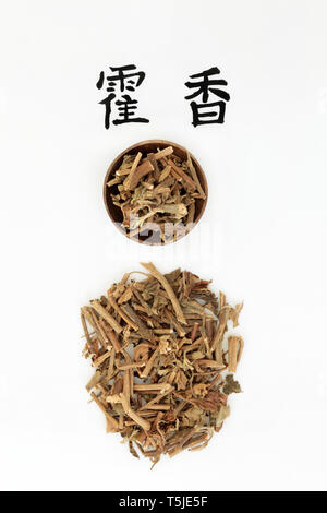 Korean mint herb used in chinese herbal medicine with calligraphy script. Improves the appetite and strengthens the digestive system. Stock Photo