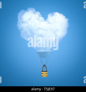 3d rendering of hot air balloon with heart shaped smoke cloud instead of balloon on blue background Stock Photo