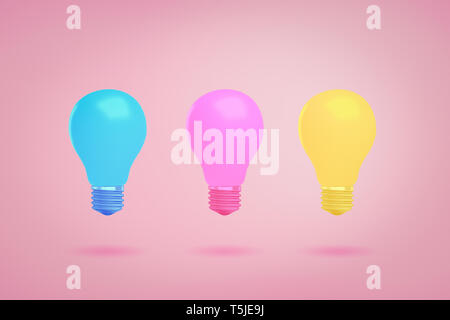 3d rendering of blue, pink and yellow light bulbs on pink background Stock Photo
